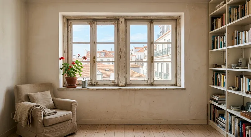Janela de madeira antiga com tinta a descascar e vidro simples numa sala em Lisboa
