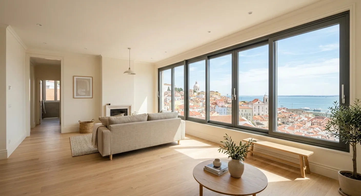 Sala luminosa com uma nova janela de correr em alumínio do chão ao teto com vista para os telhados de Lisboa