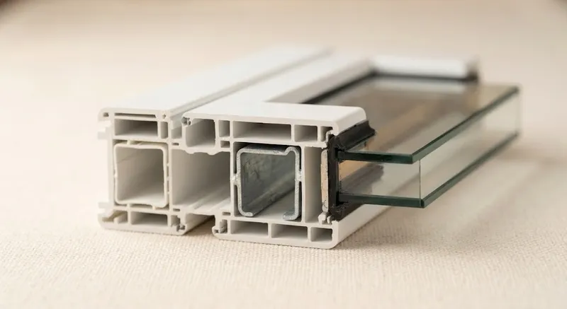 Secção de perfil de PVC branco multicâmara com reforço em aço