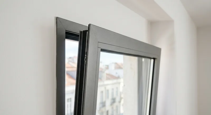 Pormenor de um aro fino de janela em alumínio anodizado com vidro duplo